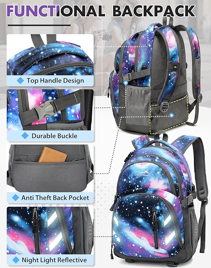 ProEtrade Extra Large Backpack Bookbag for College Laptop Travel, Fit Laptop Up to 17 inch with USB Charging Port Multi Compartment Anti theft, Gift for Women Men (Light Galaxy)