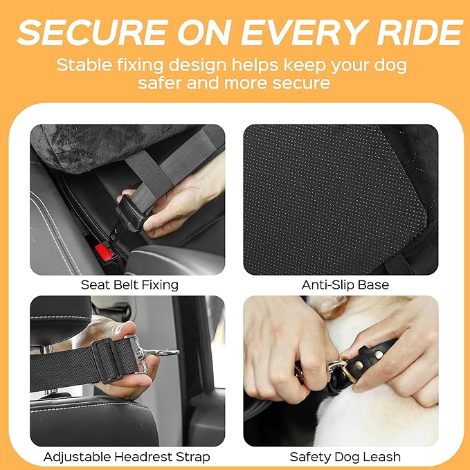 HiPetpy Dog Car Seat 6" Elevated Memory Foam Booster Seat for Small Medium Dogs Under 35 lbs with Pet Blanket, Washable Pet Car Seat with Safety Leash, Anti-Slip Base and Storage Pockets