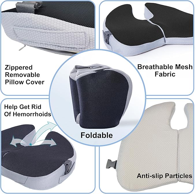 Travel Seat Cushion for Airplane, Foldable Hemorrhoid Pillows for Sitting, Airplane Seat Cushion for Long Flights, Stadium Pillow for Bleachers Long Sitting