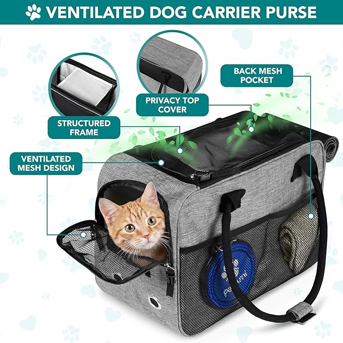 PetAmi Dog Purse Carrier for Small Dogs Cats, TSA Airline Approved Soft-Sided Pet Carrier with Pockets, Ventilated Travel Tote Bag with Bed & Shoulder Strap, Puppy Kitten, Max 12 lbs, Heather Grey