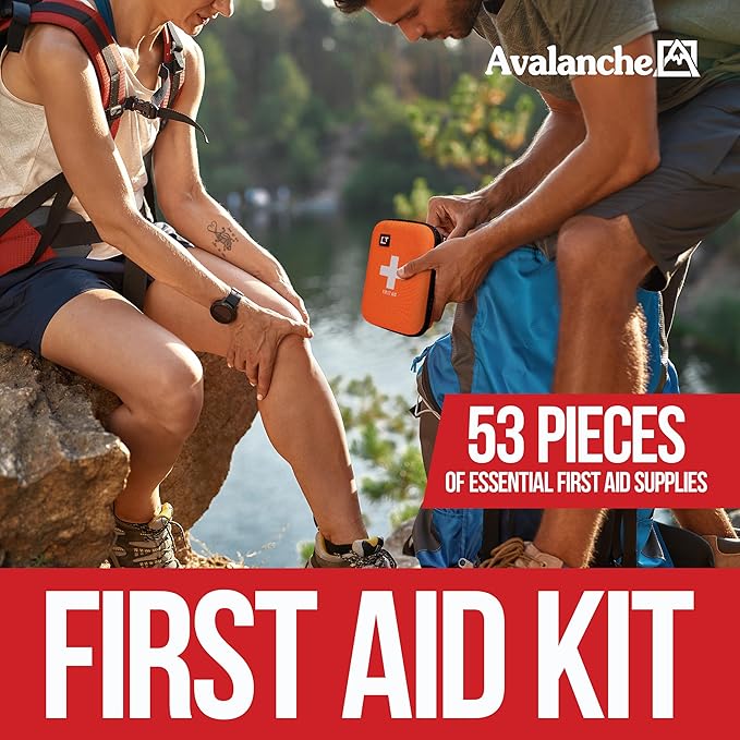 Avalanche 53 Pieces First Aid Kit, Compact Emergency Supplies Kit for Home, School, Car, Travel, Sports or Camping in Hard Shell Foam Case, Portable Mini First Aid Kit, Orange