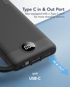 VRURC Portable Charger with Built in Cables, Slim Power Bank 10000mAh, USB C Travel Battery Pack, 5 Output 2 Input External Charging Bank for iPhone 17 16 15 14 13,Samsung,Android-Black(1 Pack)