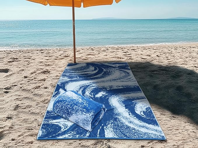 COTTON CRAFT Oversized Beach Towels - 2 Pack XXL 35x84 - Summer Wave - The Big Kahuna 7 Foot Extra Large Beach Blanket Towel - Big & Tall - 100% Cotton Jacquard Velour Soft Pool Bath Towel - Blue