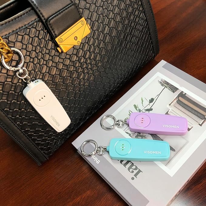 Personal Safety Alarm Keychain for Women,3-Pack,Loud Siren with Flashing LED Light,Portable Emergency Security Device,Gifts for Kids,Presents for Elderly,Night Running,Purple White Blue