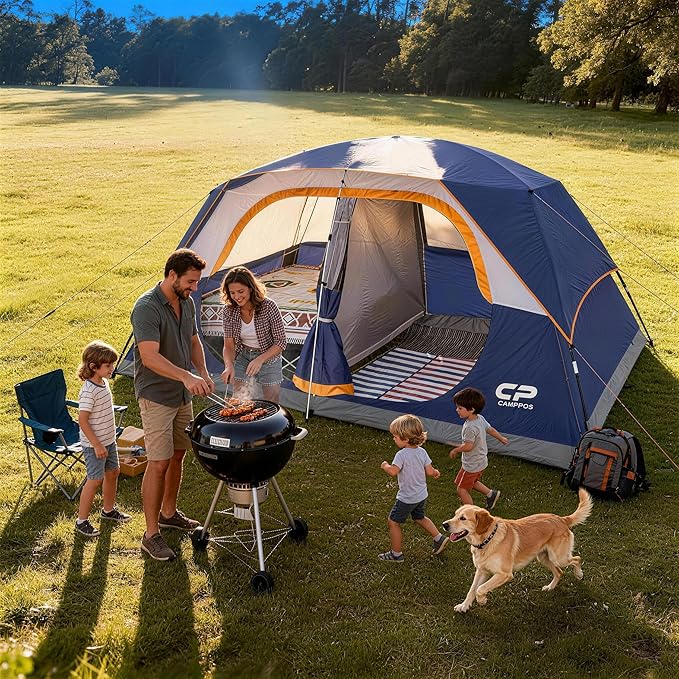CAMPROS CP Upgraded 6/8 Person Camping Tents, Waterproof Windproof Family Tent with Larger Mesh Windows & Door, Double Layer, Easy Set Up, All-Season Dome Tent with Top Rainfly & Carry Bag