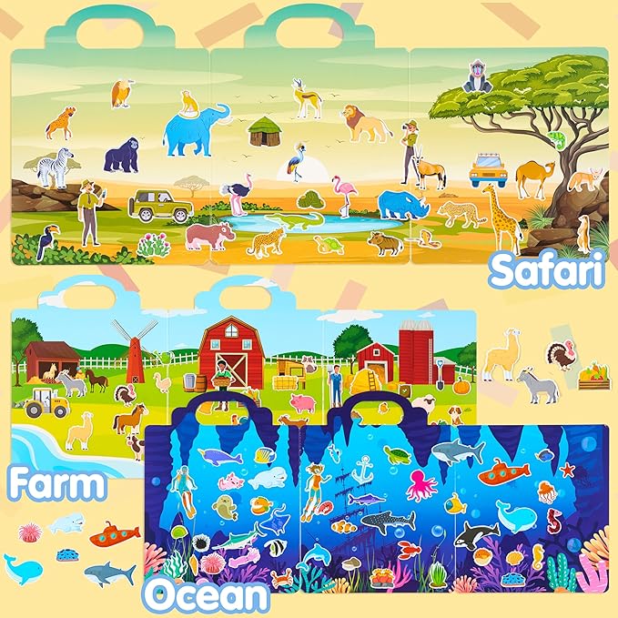 JOYIN 3 Sets Animal Reusable Sticker Book for Toddlers, 3D Sticker Book for Kids 3 4 5, Travel Essentials, Airplane Activity Toys, Crafts Gifts, Birthday Gifts - Farm, Ocean, Safari