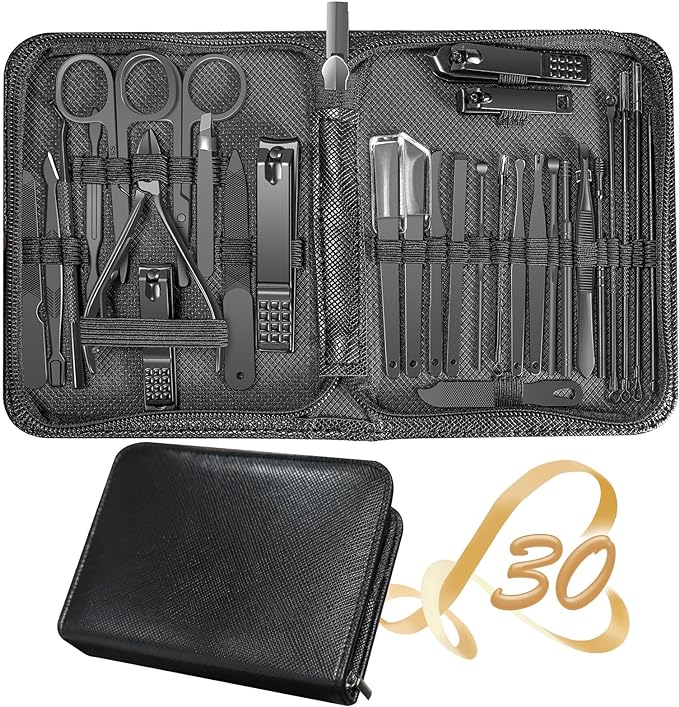 Manicure Set 30 in 1 Nail Clipper Set,RedFlow Nail Clippers,Fingernail & Toenail Clippers,Manicure Tools,Pedicure Tools,Suitable for Travel Manicure Kit (A-Black)