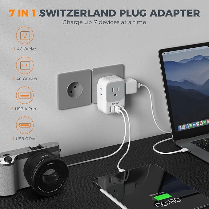 Switzerland Travel Plug Adapter 2 Pack, TESSAN Type J Adaptor with 4 Outlets 3 USB Charging Ports(1 USB C PD 20W), Swiss Travel Plug for US to Switzerland, Liechtenstein, Rwanda