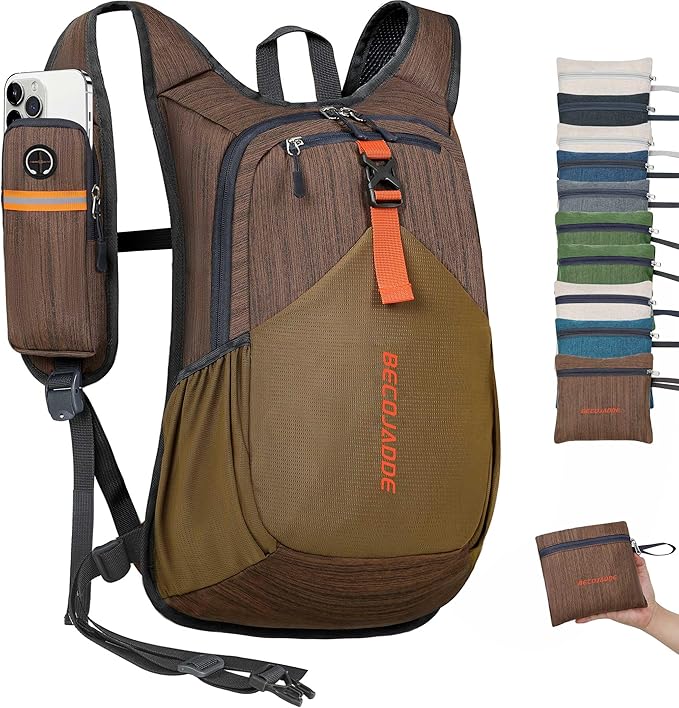 BECOJADDE 20L Small Hiking Backpack for Men Women Foldable Packable Back Pack Ultralight Hiking Daypack for Travel Camping Outdoor, Chocolate Brown