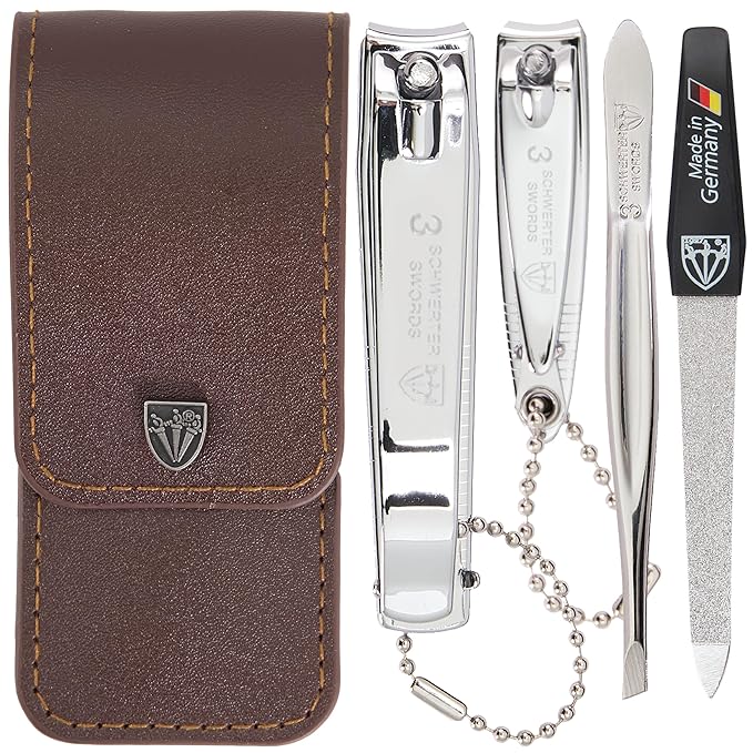 3 Swords Germany - Brand Quality 4 piece Manicure Pedicure Grooming kit Set for Professional Finger & Toe Nail Care Tweezers File Clipper Brown Synthetic Leather case - Made by 3 Swords