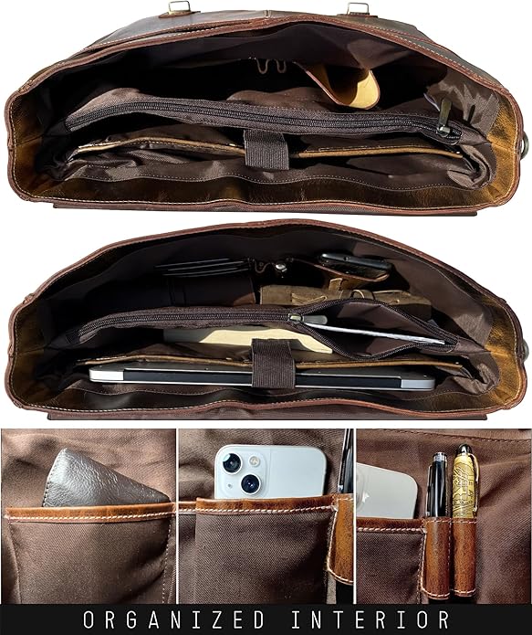 RUSTIC TOWN 16" Leather Laptop Messenger Bag for Men - Full Grain Leather Briefcase Computer Satchel Office Crossbody Bag