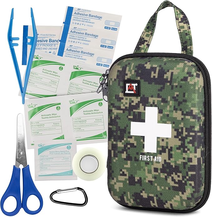 Avalanche 53 Pieces First Aid Kit, Compact Emergency Supplies Kit for Home, School, Car, Travel, Sports or Camping in Hard Shell Foam Case, Portable Mini First Aid Kit, Camo