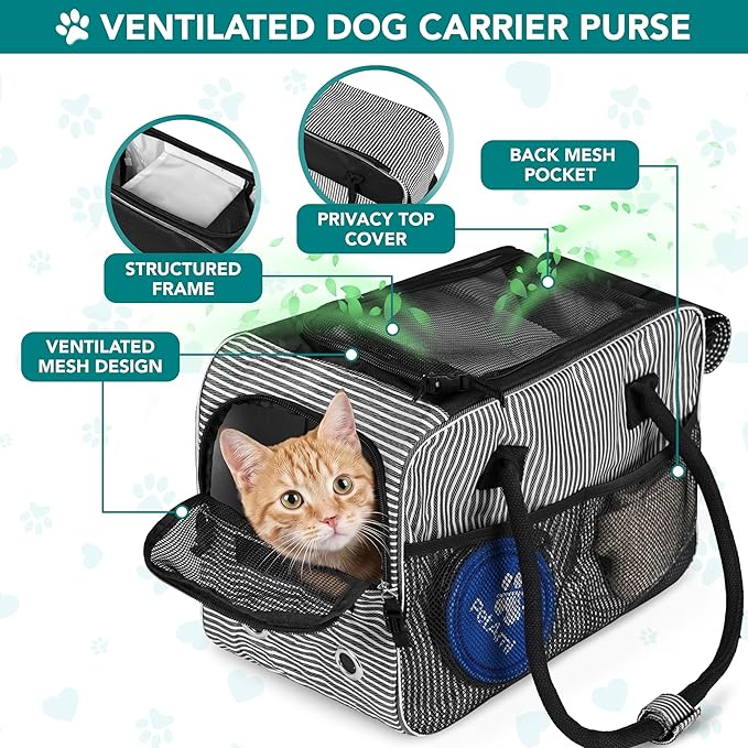 PetAmi Dog Purse Carrier for Small Dogs Cats, TSA Airline Approved Soft-Sided Pet Carrier with Pockets, Ventilated Travel Tote Bag with Bed & Shoulder Strap, Puppy Kitten, Max 12 lbs, Stripe Black