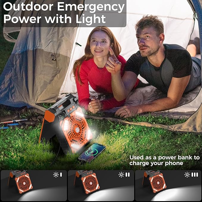 KITWLEMEN Solar Camping Fan with Lantern - Rechargeable Battery Operated Fan, 18H Run Time Max, 4 Speeds, 8H Timer, 90° Adjustable Portable Desk Fan for Hurricane, Power Outage, Outdoor Use