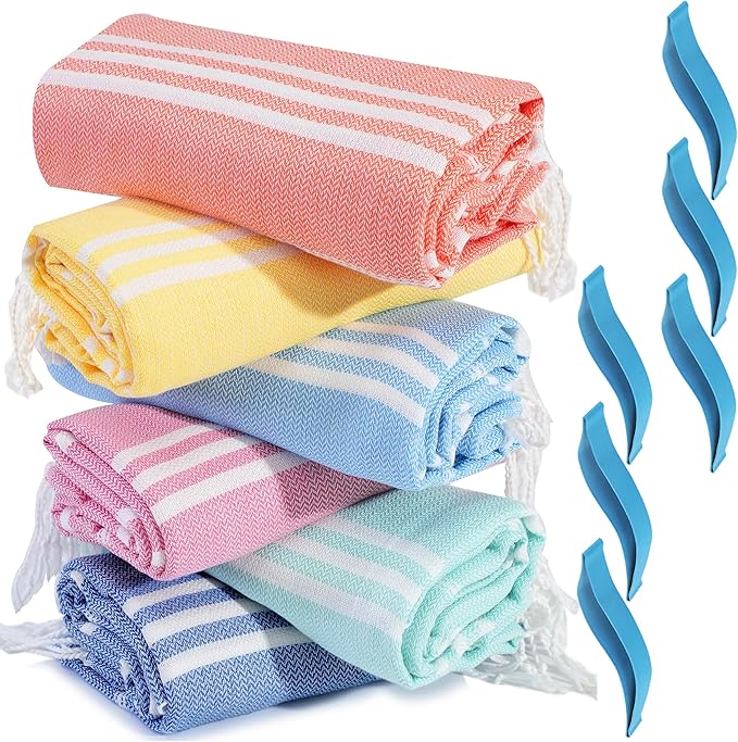 6 Packs Turkish Beach Towel Pool Swim Towels Set Bulk Soft Cotton Extra Large Sand Free Quick Dry Thin Lightweight Travel Essentials Cruise Accessories Camping Must Haves Clearance Sandless Oversized