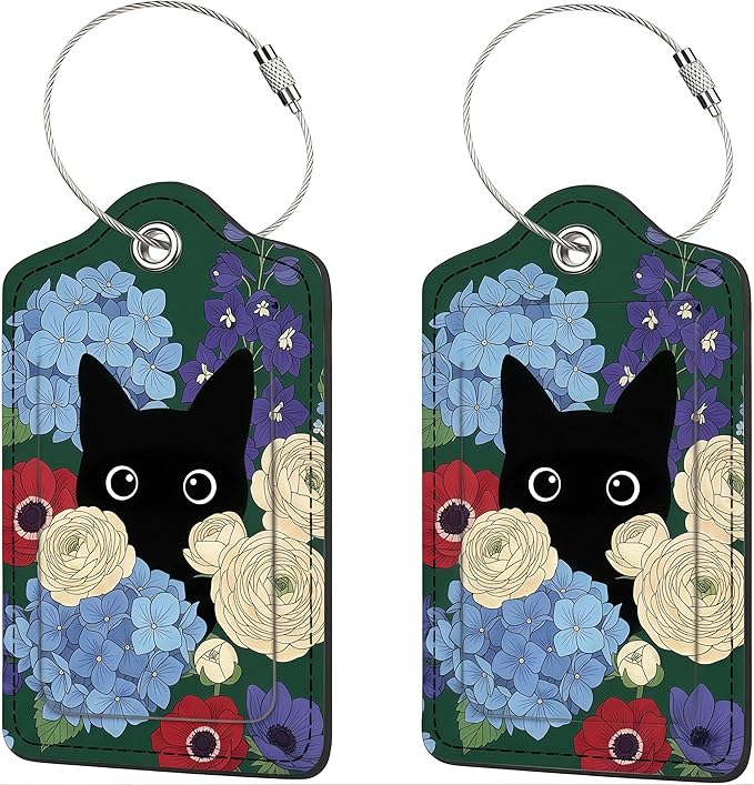 2 Pack Luggage Tag for Suitcase, Cute Unique Leather Bag Tags Identifiers Privacy Cover ID Label with Durable Steel Loop for Women Men Kids Girls Travel (BlackcatA)