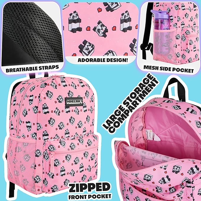 Minecraft Backpack for Boys Kids Teens Adjustable Straps Front Pocket Daypack Backpacks for Sports Gym School Gamer Gifts (Pink)