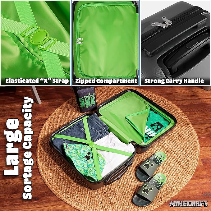 Minecraft Suitcase for Kids Teens Creeper Hard Shell Luggage Rolling Suitcase 4 Wheels Travel Essentials Vacations Trips (Medium Grey, 19.29” - 30L)