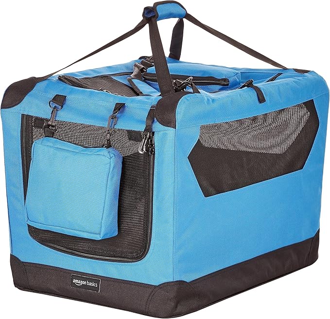 Amazon Basics Portable Soft Pet Dog Crate Carrier Kennel, Foldable, Washable, Up to 25 lbs, 26 x 18 x 18 inches, Blue