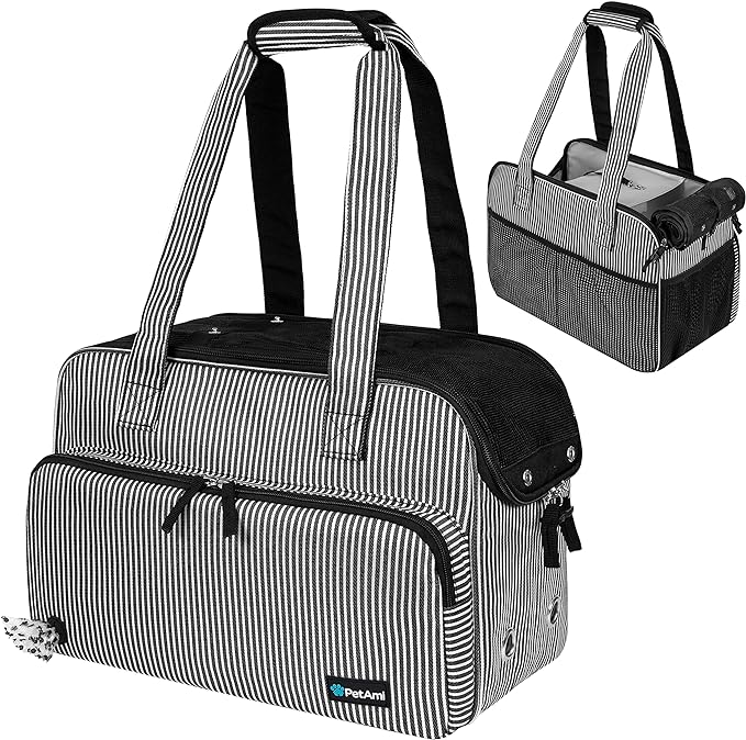 PetAmi Small Dog Purse Carrier, Soft-Sided Pet Carrier Bag with Pockets, Portable Puppy Cat Travel Handbag Tote, Airline Approved Breathable Mesh, Poop Bag Dispenser, Max 18 lbs, Stripe Black