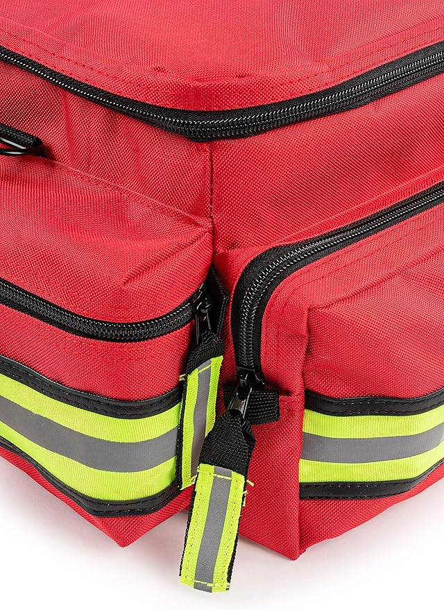 Scherber First Responder Fully-Stocked Professional Essentials EMT/EMS Trauma Kit | HSA/FSA Approved | Reflective Bag w/8 Zippered Pockets & Compartments & 200+ First Aid Supplies - Red