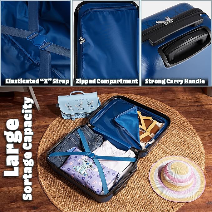 Disney Stitch Suitcase Set or Individual, Hard Shell Suitcase with Wheels 28L, 50L or 91L, 4 Wheels (Navy Stitch Small)