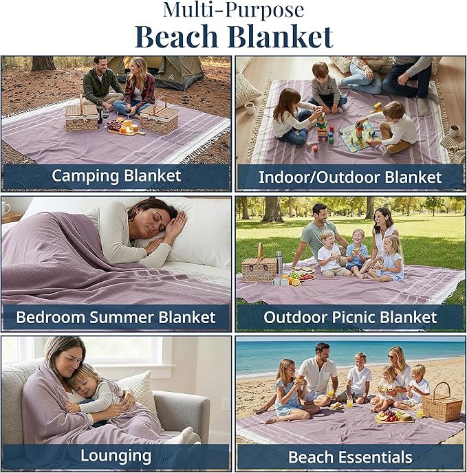 LANE LINEN Picnic Mat for Beach Vacation Essentials - Large Outdoor Blanket,Quick Dry and Pre-Washed, Soft Comfort, Perfect for Family Vacations, Park Relaxation, Sand Lounge – Wistful Mauve