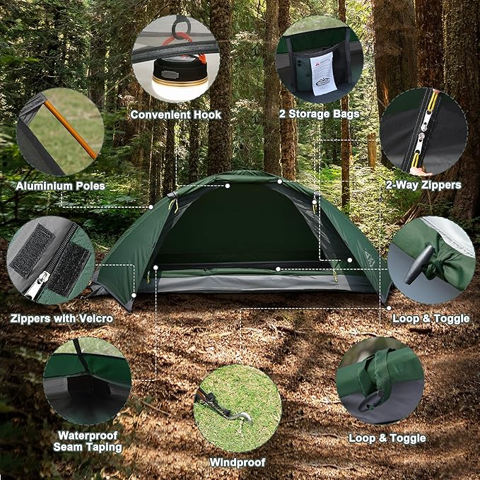 camppal 1 Person Tent for Camping Hiking Mountain Hunting Backpacking Tents 4 Season Resistance to Windproof Rainproof and Waterproof