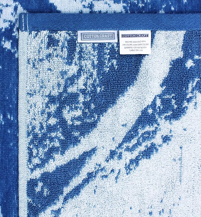 COTTON CRAFT Hooded Beach Towel - Oversized XXL 35x84 Towel with Hood for Adults - The Big Kahuna 7 Foot Large Beach Blanket Towel - Big & Tall Soft 100% Cotton Velour Pool Bath Wrap - Waves Blue