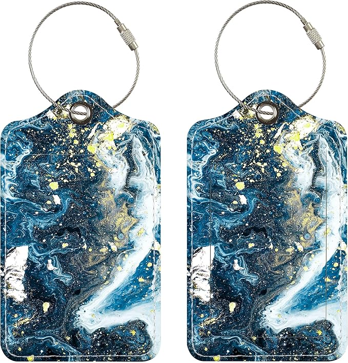 Luggage Tags for Suitcases, 2 Pack Cute PU Leather Suitcase Tag Identifiers TSA Approved with Stainless Steel Loop and Address Card for Baggage Tag for Travel Essentials Gold Foiled Marble, by Chelmon