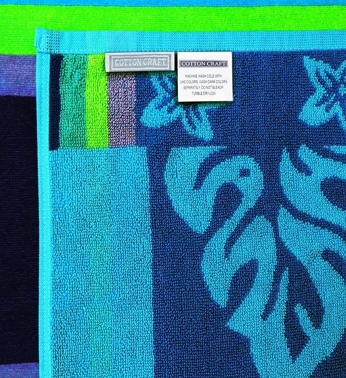 COTTON CRAFT Hooded Beach Towel for Adults – Oversized 39x68 Towel with Hood - 100% Cotton Velour Terry Jacquard Pool Bath Wrap - 450 GSM Soft Absorbent Quick Dry – Tropical Hibiscus Aqua Blue Purple