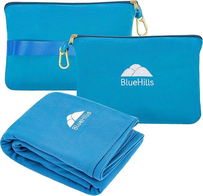 BlueHills Ultra Compact and Compact Light Travel Blankets for Two Value Pack Set of 2 – Airplane Travel Essentials Soft Flight Trips Throw in Portable Cases for Car Plane Travel Gifts – Teal Blue