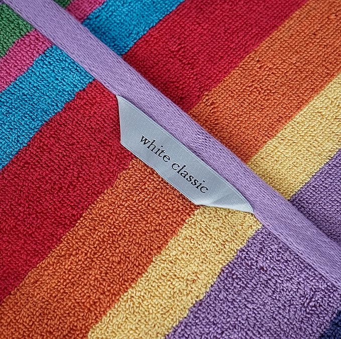 White Classic Cotton Beach Towels Oversized 30 x 60 Inches, Ultra Absorbent and Low Lint Striped Pool Towels for Adults, Unique Rainbow Design Luxury Extra Large Bath Towels, 4 Pack