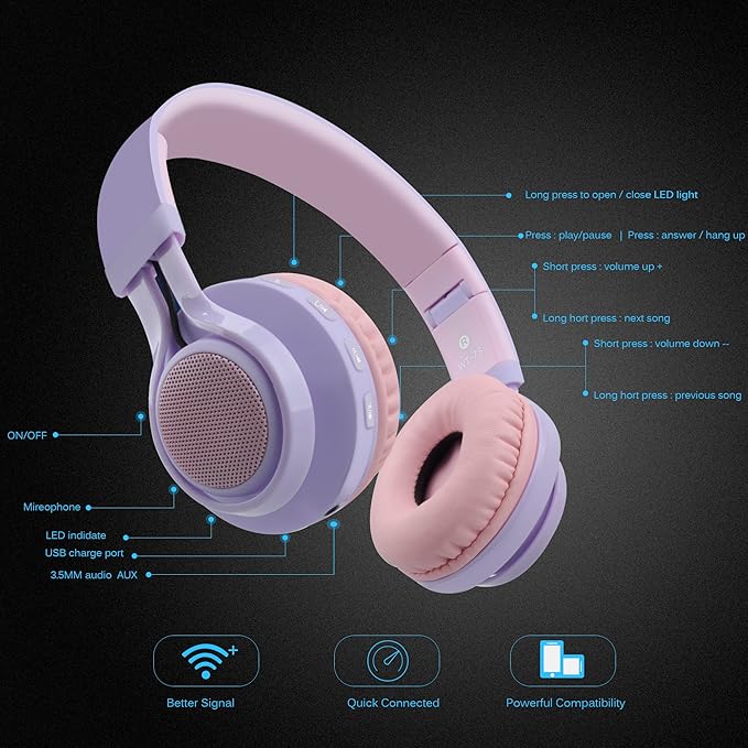 Riwbox WT-7S Kids Bluetooth Headphones Light Up, Foldable Stero Wireless Headset,with Microphone and Volume Control,Comfortable and Durable,for PC/Tablet/TV/Travel(Purple)