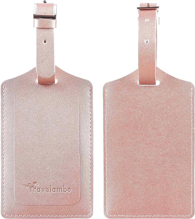 Travelambo Luggage Tags for Suitcases Faux Leather Privacy Protection 2 Pack Bag Tags Travel Accessories Essential, Rose Gold