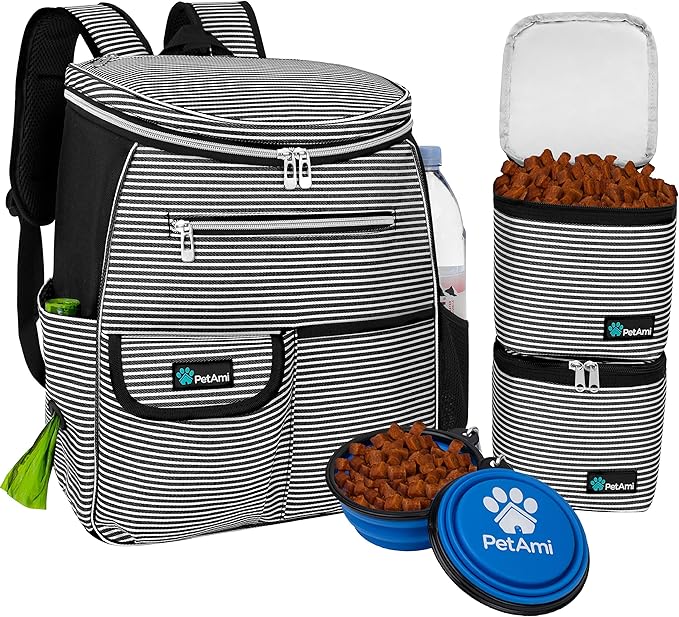 PetAmi Dog Travel Bag Backpack, Airline Approved Dog Bags for Traveling, Puppy Diaper Bag Supplies, Pet Camping Essentials Hiking Accessories Gift, Food Container, Collapsible Bowls, Stripe Black