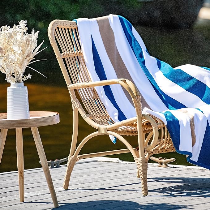 Laguna Beach Textile Co. Striped Cabana Beach Towel - Oversized, Plush 630 GSM Cotton - Ocean Blue and Almond Beige