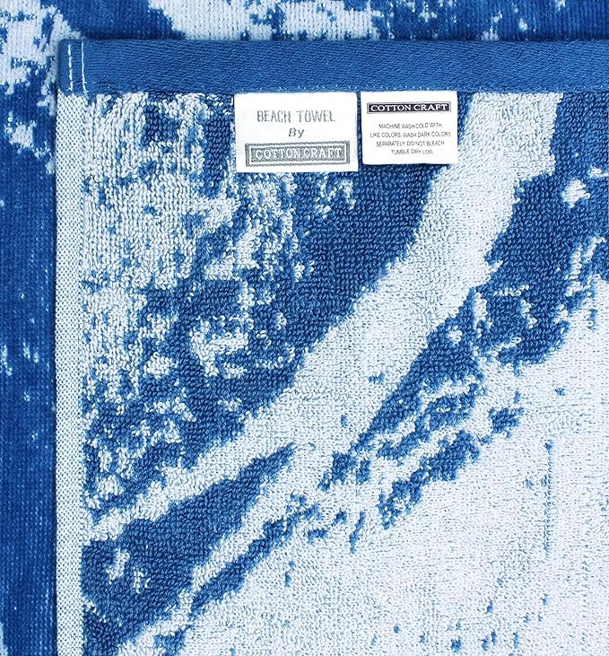 COTTON CRAFT Oversized Beach Towels - 2 Pack XXL 35x84 - Summer Wave - The Big Kahuna 7 Foot Extra Large Beach Blanket Towel - Big & Tall - 100% Cotton Jacquard Velour Soft Pool Bath Towel - Blue