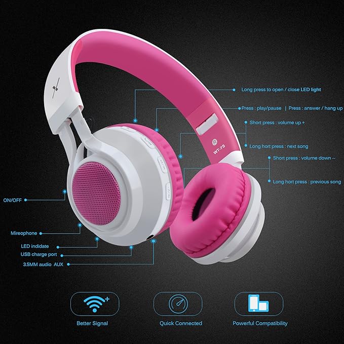 Riwbox WT-7S Bluetooth Headphones Light Up, Foldable Stero Wireless Headset with Microphone and Volume Control for PC/Tablet/TV/Travel (Pink)