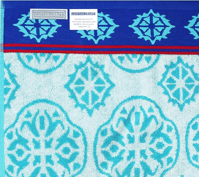 COTTON CRAFT Hooded Beach Towel – Oversized 39 x 68 Towel with Hood for Adults - 100% Cotton Velour Terry Jacquard Towel - Pool Bath Wrap - 450 GSM Soft Absorbent Quick Dry – Summer Trellis Pool Blue