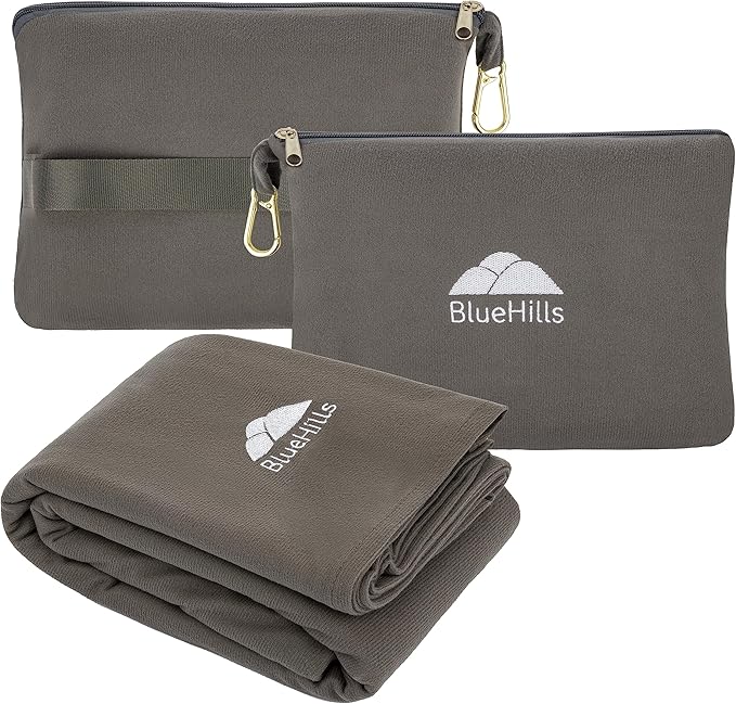 BlueHills Lightweight Travel Blanket Pillows Compact for Two Airplane Traveling Essentials Flight Throws in Bag case with Backpack Clip Compact Large Plane Accessories – Gray and Navy Blue