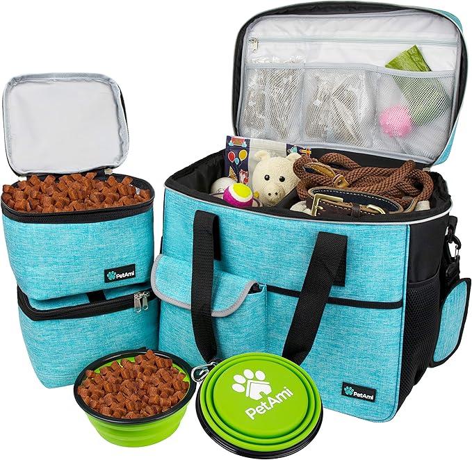 PetAmi Dog Travel Bag, Travel Pet Bag Organizer, Dog Food Travel Bag with Container Collapsible Bowls, Pet Travel Supplies Gift Accessories for Weekend Camping, Puppy Cat Diaper Bag, Teal Blue Large