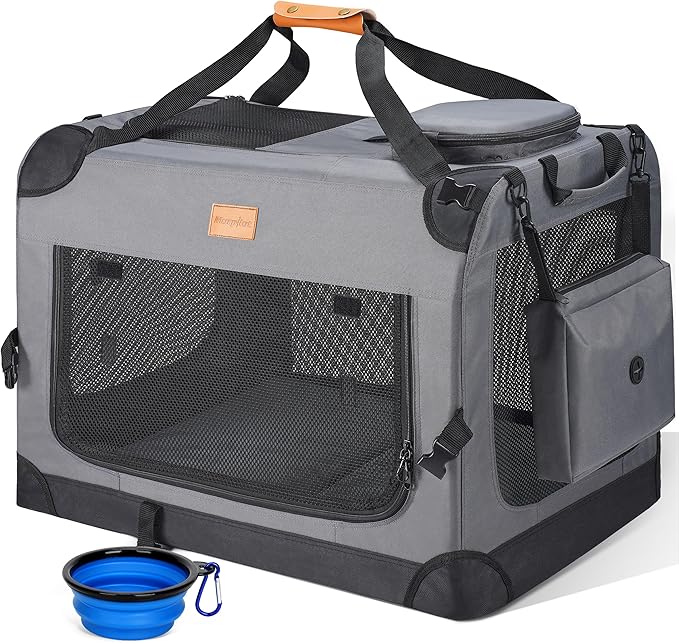 Morpilot 28-inch Portable Collapsible Dog Crate: Travel Dog Crate Soft-Sided for Small Medium Dogs up to 40lbs, with Foldable Bowl, Shoulder Strap & Storage Pockets, Grey