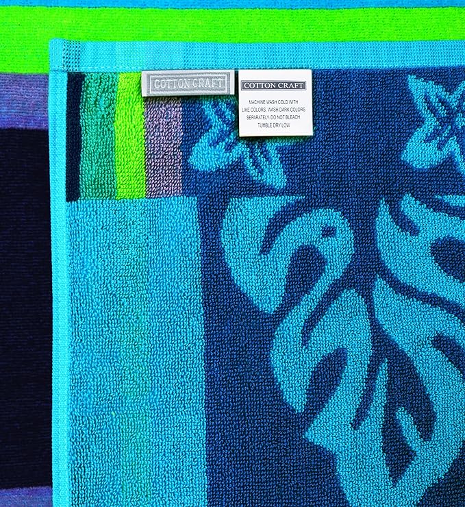 COTTON CRAFT Oversized Beach Towel - 2 Pack XL 39 x 68 inches Big & Huge Beach Blanket Towel - 100% Cotton Jacquard Velour - Super Soft Luxury - Pool Picnic Bath - Tropical Hibiscus Aqua Blue Purple
